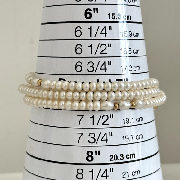 14K Yellow Gold Genuine Real Cream Pearl Triple Strand Bracelet - Picture 11 of 12